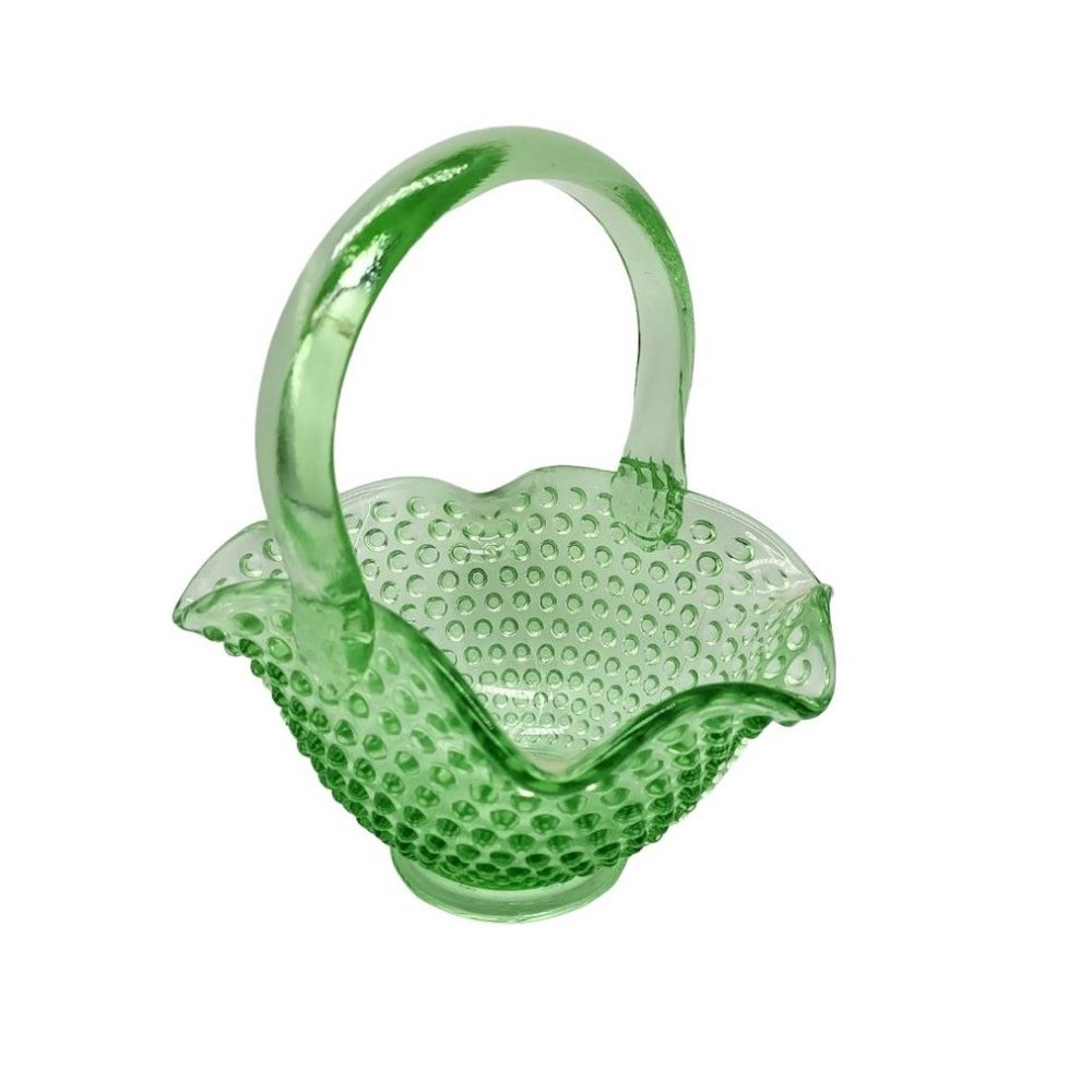 Vintage 8" Smith Glass Green Hob Nail Ruffled Basket